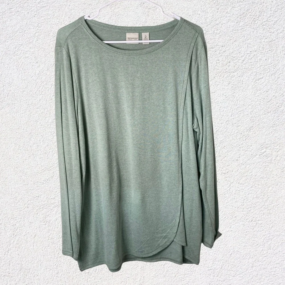 Zenergy Chico Green Long Sleeve Soft Crewneck Athlesiure Wrap Front Tunic Cozy - Picture 1 of 9